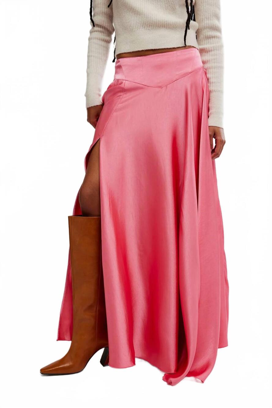 Free People Pink Satin Maxi Skirt with Side Slit